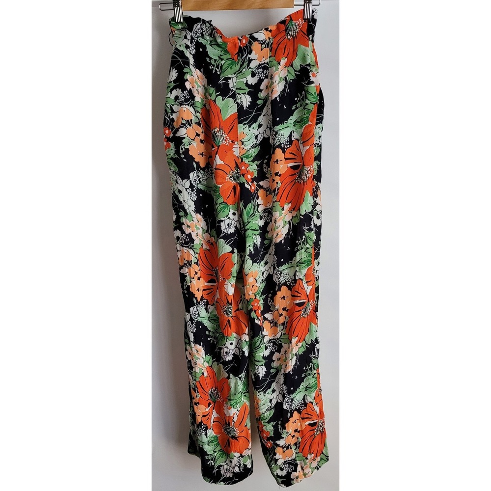 Zara Basic Floral Pants Women Size S Black Orange Green Wide Leg Trousers - Picture 2 of 5